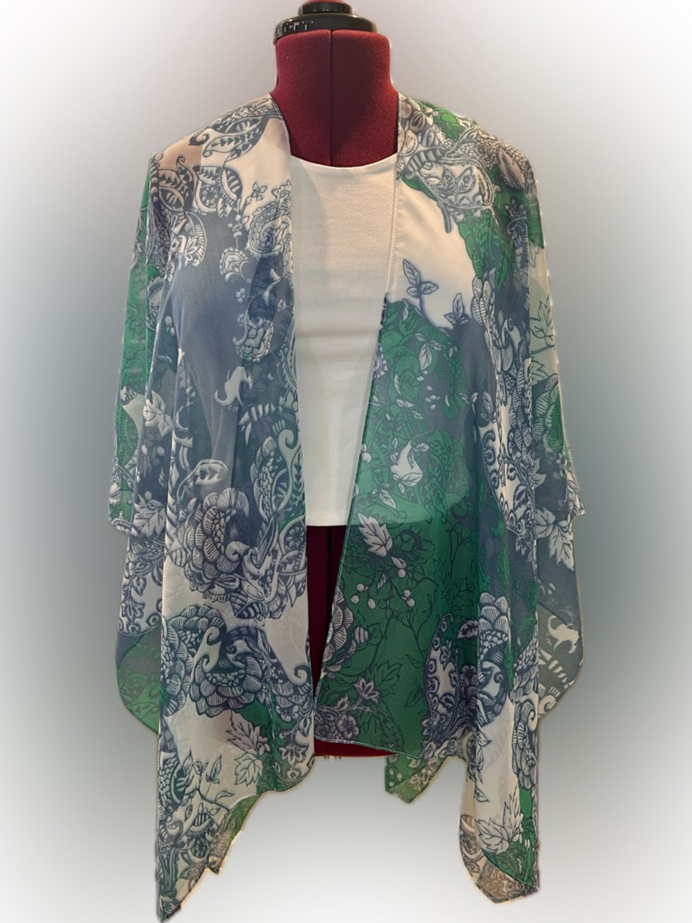 Sheer Floral Paisley Open Kimono in Green, Blue & White